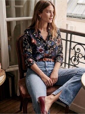 Tory Burch 100% Silk Floral Print Long Sleeve Button Down Blouse Top 8
